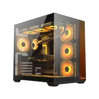 PC POWER DARK WOOD Mid Tower ATX Tempered Glass Desktop Case With 10 Pre-Installed Fans